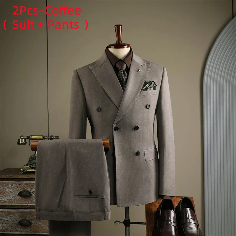 Terno Masculino de Alta Qualidade Formal Social Slim Fit Abotoamento Duplo Listrado Conjunto de Terno Noivo Casamento Roupa de Festa Smoking Roupa Masculina