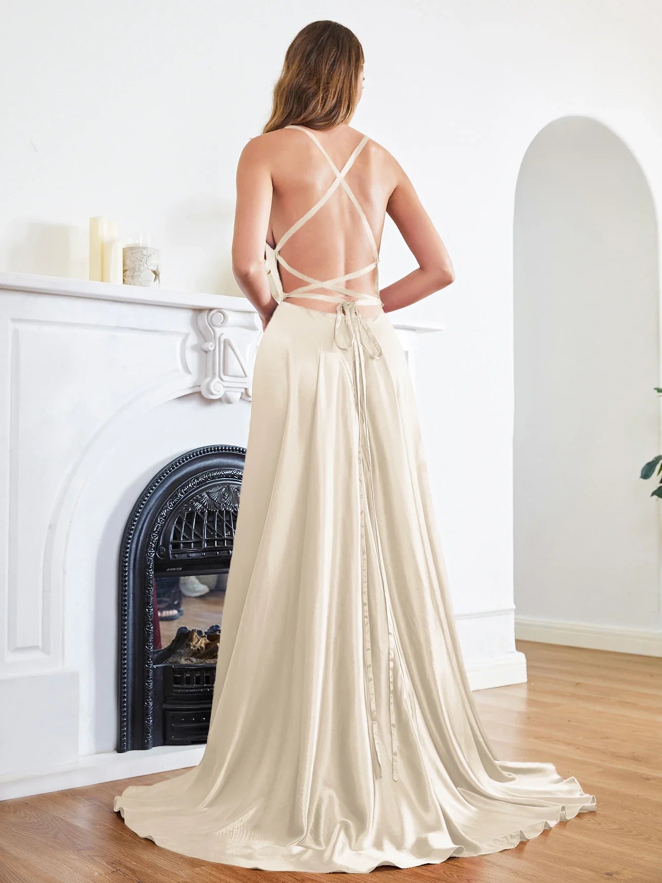 Women Sexy Prom Dresses Lace-Up Spaghetti Straps Backless Sling Evening Dress Satin A-Line High Split Maxi Train Party Gowns
