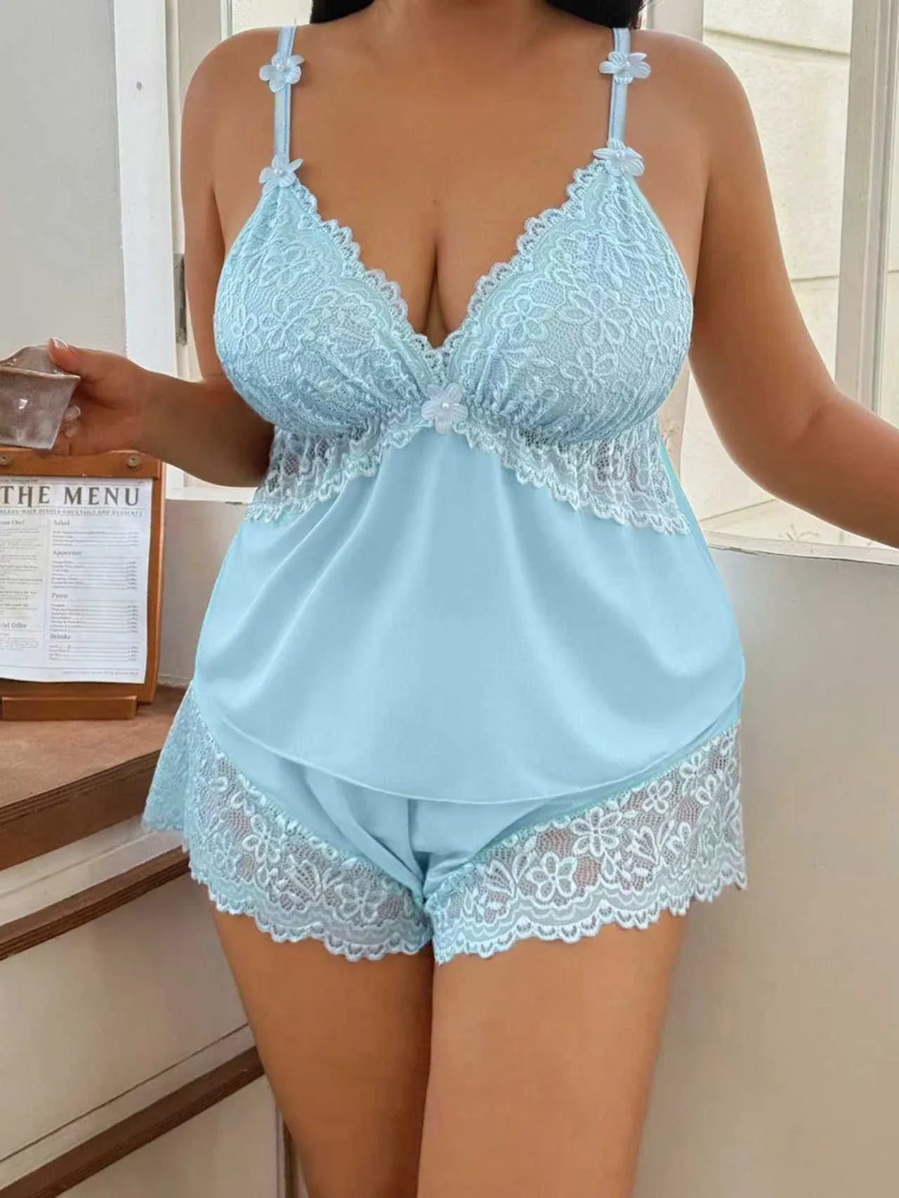 Plus Size Women's Elegant & Soft Lace Patchwork Pearl & Small Flower Embellished Camisole + Shorts Pajamas Loungewear Set