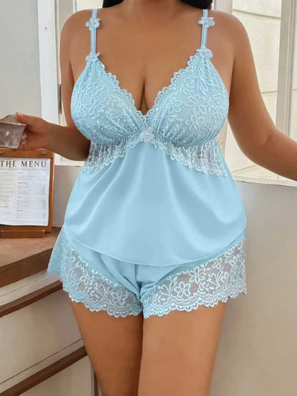 Plus Size Women's Elegant & Soft Lace Patchwork Pearl & Small Flower Embellished Camisole + Shorts Pajamas Loungewear Set