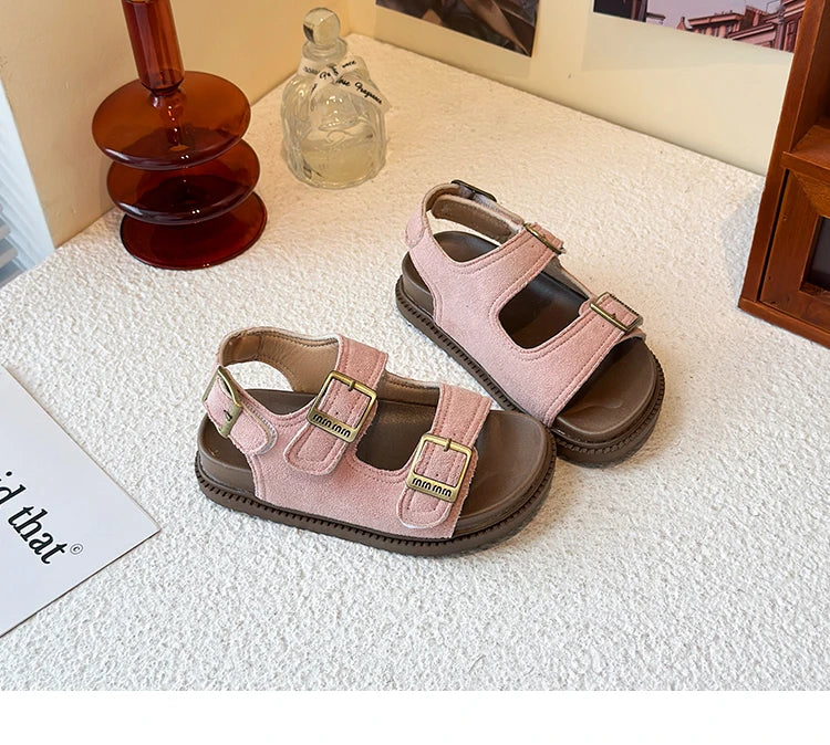 Kids Suede Strappy Sandals for Boys Girls 2025 Summer Toddler Beach Barefoot Shoes Non-slip Versatile Comfort Casual Sandals Ins