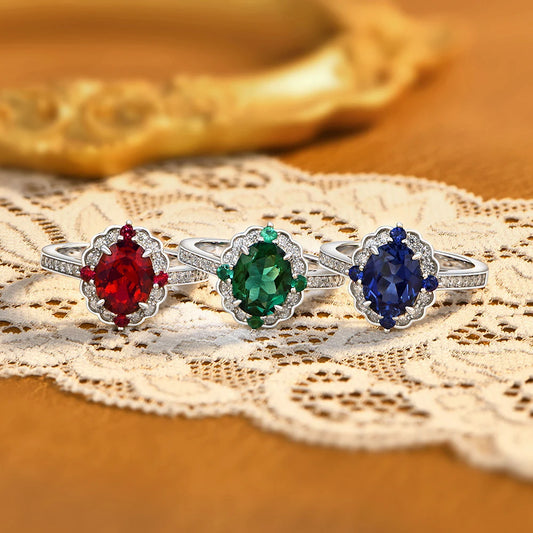 S925 Silver Oval Cut Colored Gemstone Halo Rings Ruby/Emerald/Sapphire Wedding Jewelry forWomen Vintage Birthstone Gift
