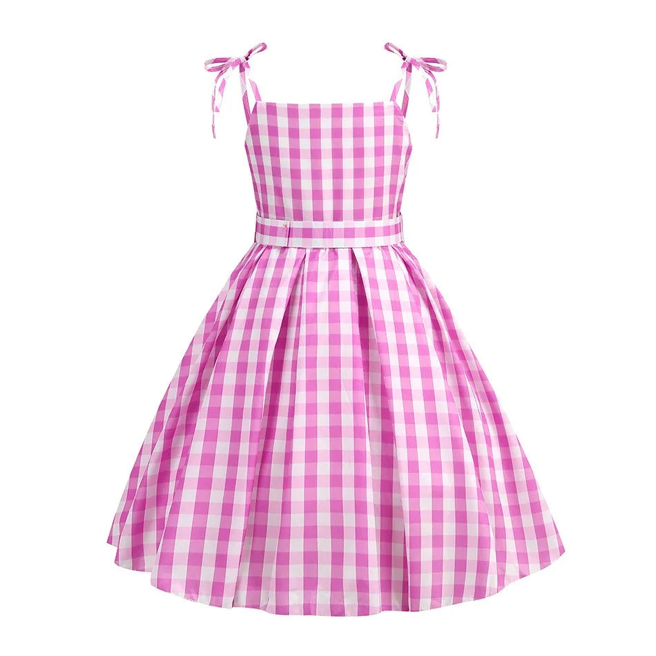 2025 Summer Beach Baby Girl Pink Cute Sleeveless Plaid Slim Strap Dress For Girl Cowboy Look Stripe Dress Set With Belt