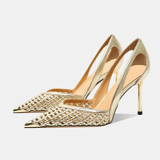 Women Hollow Sandals Elegant Pointed Toe Metal Straps High Heels Shoes Women Elegant Fashion Concise Sandals  Zapatos De Mujer