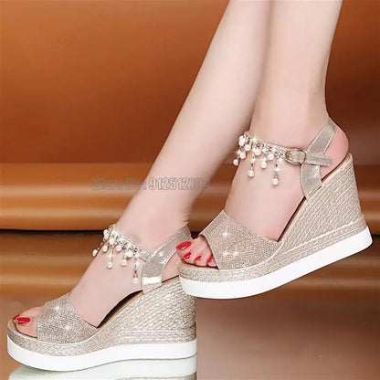 Girls Sandals Summer New Women Pump Fashion Rhinestone Platform Wedge Casual Female 10cm Ladies High Heels Shoes