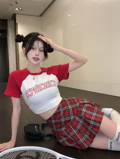 Summer 2024 Vintage Korean Style High Waist Patchwork A-line Mini Skirt Harajuku Preppy Fashion Plaid Pleated Skirt Red Women