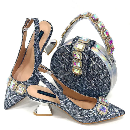 Rhinestone Pointed-Toe High Heels Shoes and Bags Set for Women Wedding and Party Elegant Luxury Fashion in Wine Color