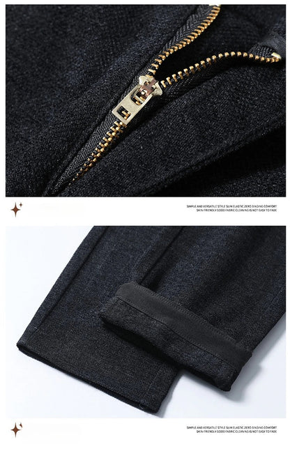 Men's Solid Straight Casual Pants Autumn Woolen Slim Fit Office Pants Vintage Elastic Waist Youth Trousers Everyday Wear