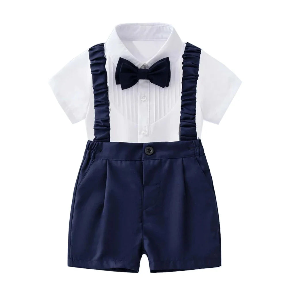 Summer Children's Clothing Short Sleeve Lapel Wrinkle Shirt with Solid Overalls Boy Gentleman Wedding Costume Cotton Kid Suit