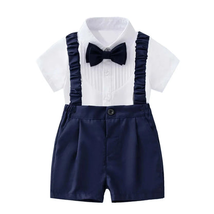 Summer Children's Clothing Short Sleeve Lapel Wrinkle Shirt with Solid Overalls Boy Gentleman Wedding Costume Cotton Kid Suit