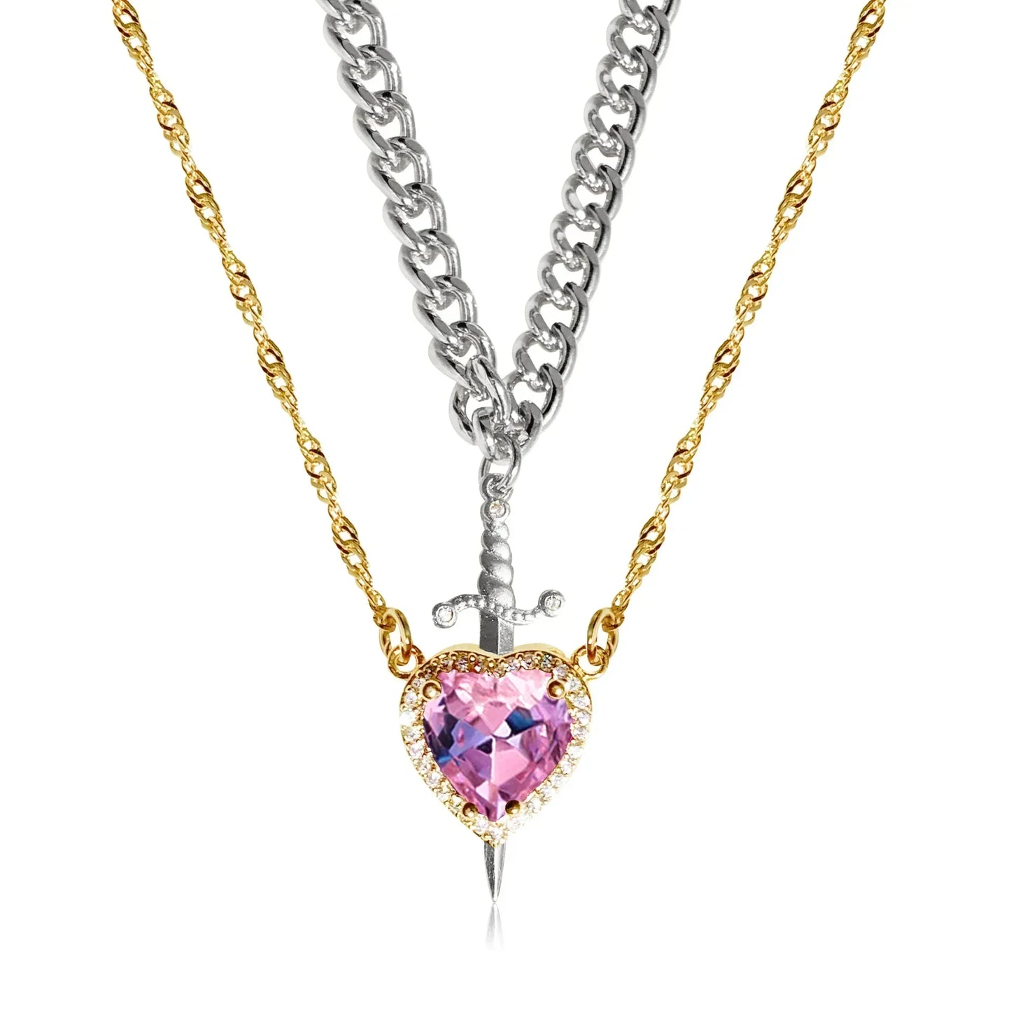 2pcs Can Be Assembled Heart and Sword Zircon Pendant Necklace for Women Men Couple Silver Gold Plated Choker Chain Jewelry