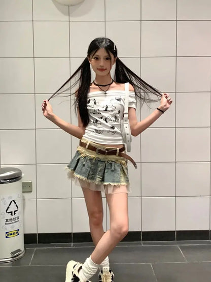Summer Women Japanese Y2k Kpop 2000s Aesthetic Mini Denim Patchwork Skirt Chic Shoujo Design Party Gyaru Coquette Korean Fashion