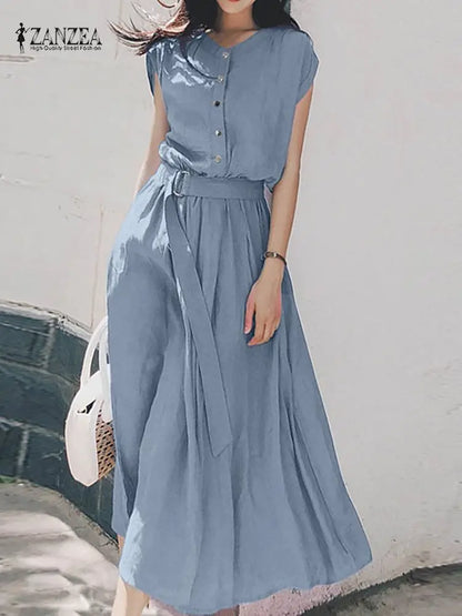 Women Fashion Short Sleeve Dress Summer Elegant Party Vestidos Casual Mid-calf Sundress Femme Vintage OL Robe Kaftan