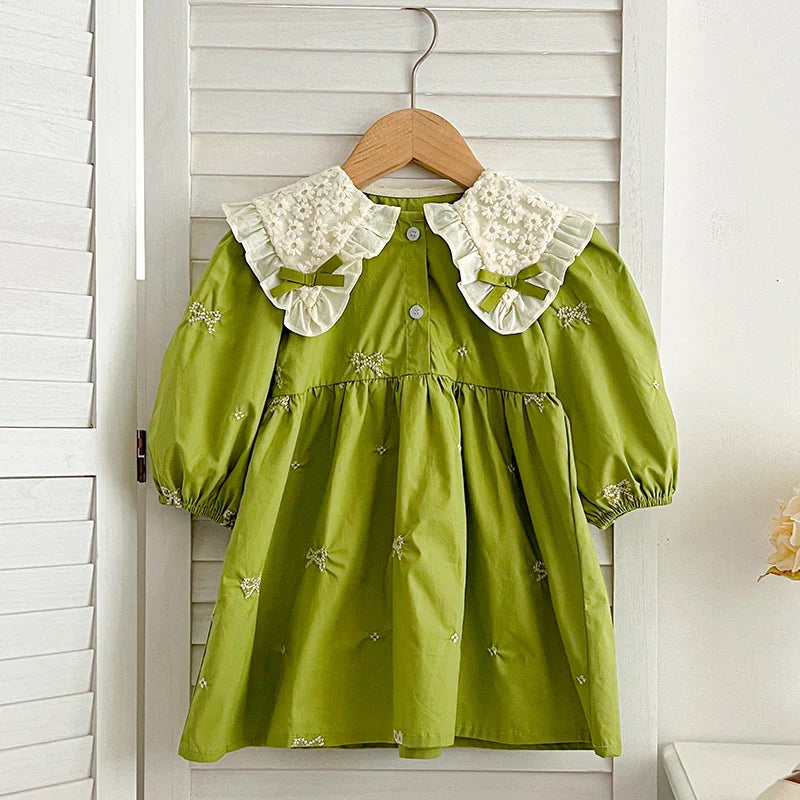 Outono 0-6 anos Vestido de Princesa para Meninas Roupas de Bebê Menina Gola Borboleta Roupas de Bebê Menina Peça Única Vestido Infantil Bordado