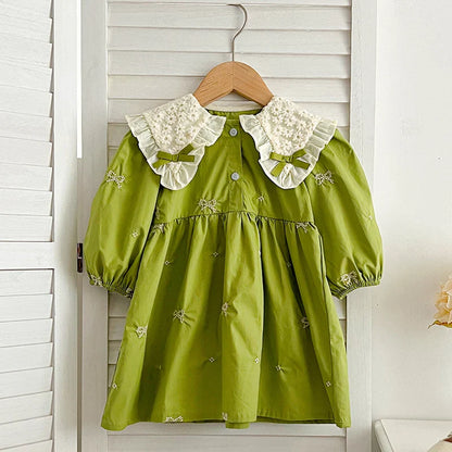 Outono 0-6 anos Vestido de Princesa para Meninas Roupas de Bebê Menina Gola Borboleta Roupas de Bebê Menina Peça Única Vestido Infantil Bordado