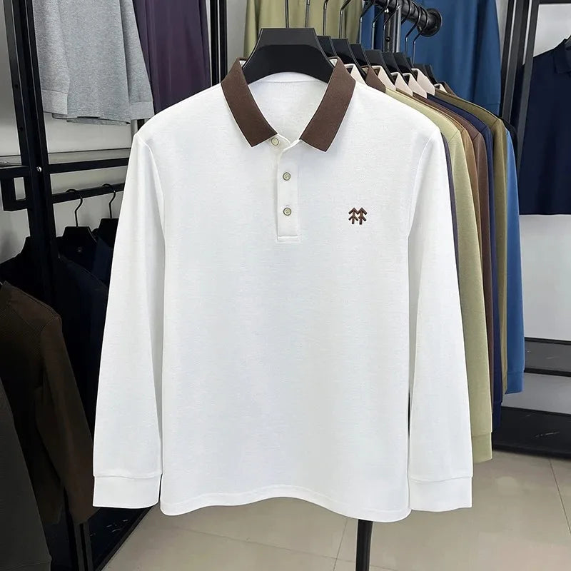 Fashion luxury brand long sleeve polo shirt men's autumn new trend badge embossed design Korean casual silk cotton lapel T-shirt