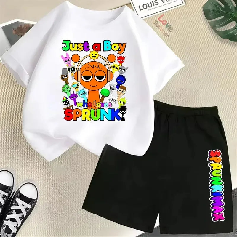 Set of 2 Pieces of T-Shirt and Shorts Sprunki for Kids, Anime Design, Pants Suit for Boys and Girls, Kawaii Summer Outfits