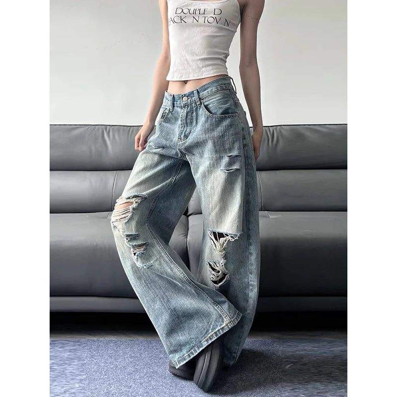 2025 Summer High Waist Ripped Women's Blue Jeans American Vintage Streetwear Y2K Wide Leg Jean 2000s Trouser Baggy Denim Pants
