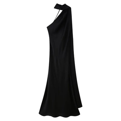 Elegant Women's Soft Silk Satin Long Dress Halter Backless Sleeveless Maxi Dresses Summer Lady Long Ribbon Party Gowns