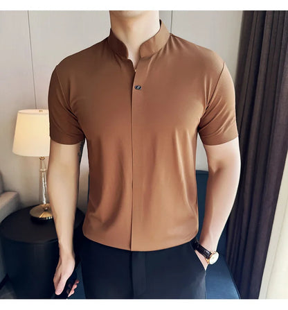 Men's High Elastic V-neck Polo Shirt, Thin Short-sleeve T-shirt, Business Casual Men's Top, 2024 High Quality, M-4XL.