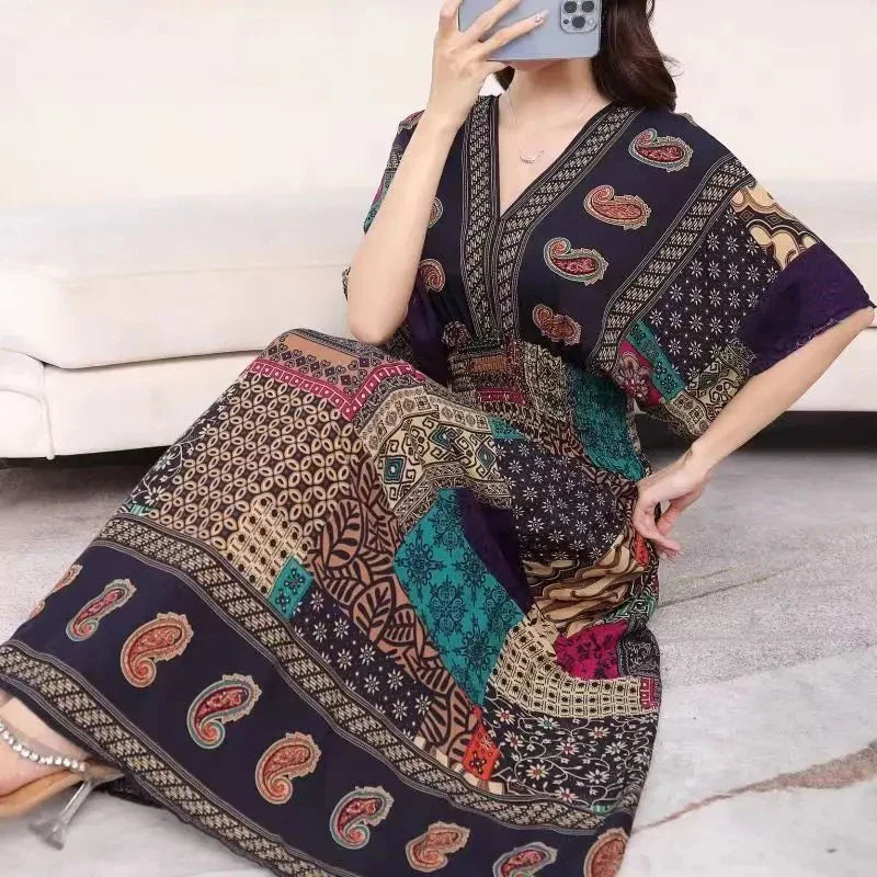 Flower V-neck Elastic Youthful Bohemian Sweet Midi Dress Woman Clothes Chic Fashion Summer Dresses 2025 Large Swing Ski