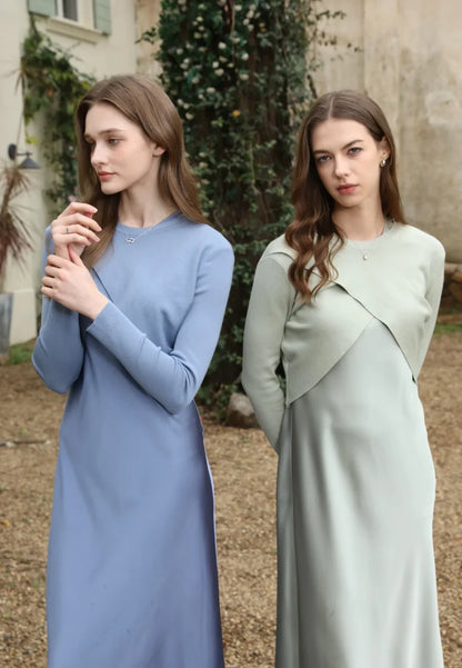 spring summer elegance satin dress + knitted top match set maxi floor length woman clothes