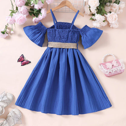Vestido Feminino de Verão Ombro a Ombro Cinto Cor Sólida