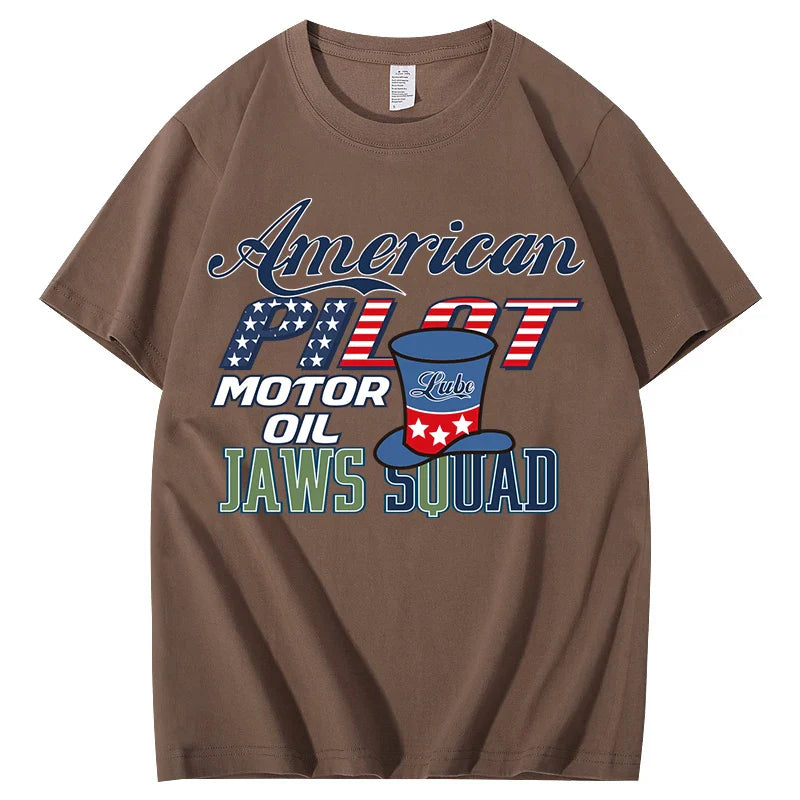 Unisex  American Pilot Motor Oil Graphic T-Shirt USA Flag Print Casual Streetwear Short Sleeve Tee Tee for Men Women