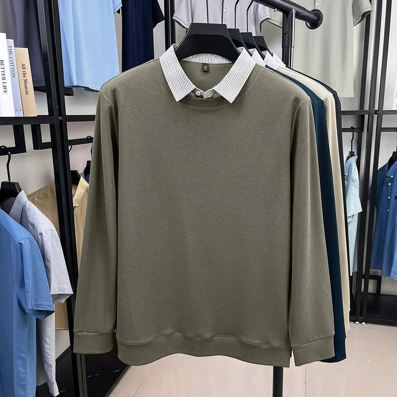 High End Brand Men's Striped Lapel Fake Two Piece Polo Shirt Designer Autumn Winter Fashion Business Simple Versatile Men's Wear