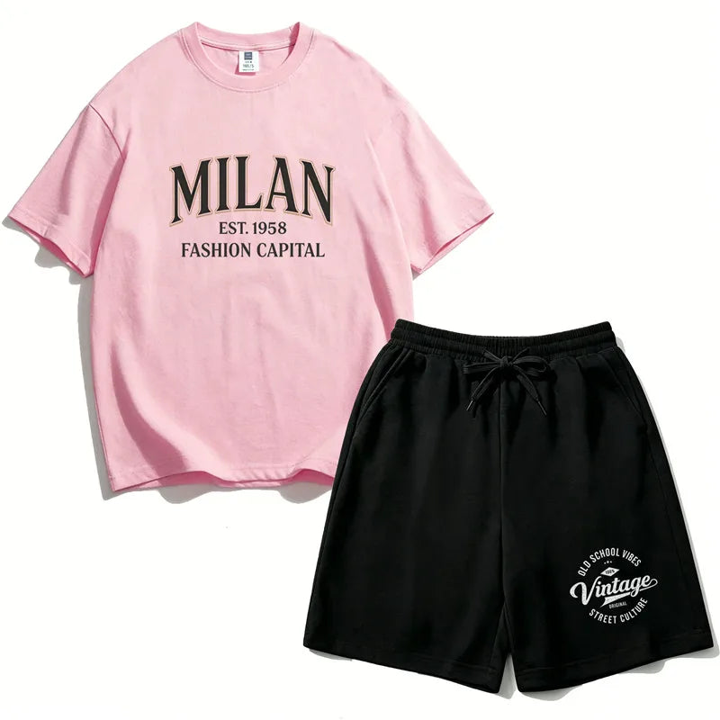 Summer Boys Cotton T-Shirt Shorts Set Casual Kids Milan Graphic Print Short Sleeve Suit Children's Outfit 2026 ML1