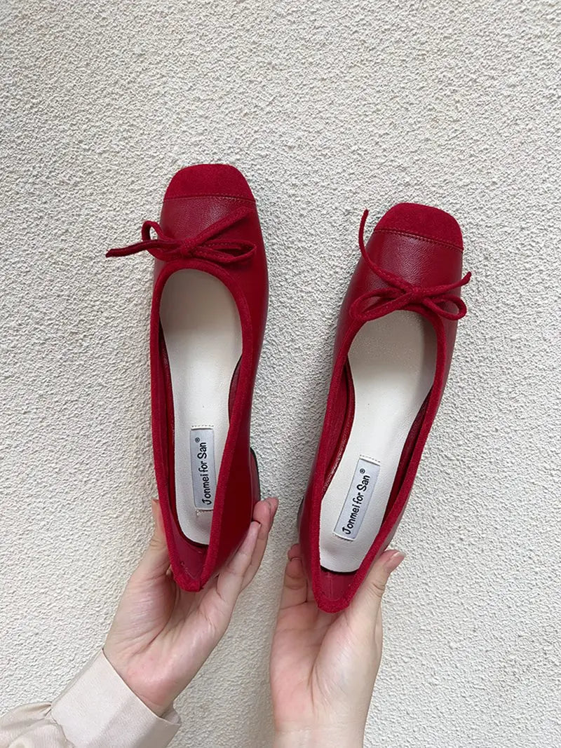 Fashion Elegant Red Ballerinas Women Pumps Slip on Loafers Round Toe Square Heels Bowknot Casual Spring Autumn Low Heel Shoes