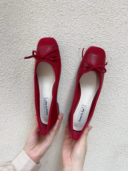 Fashion Elegant Red Ballerinas Women Pumps Slip on Loafers Round Toe Square Heels Bowknot Casual Spring Autumn Low Heel Shoes