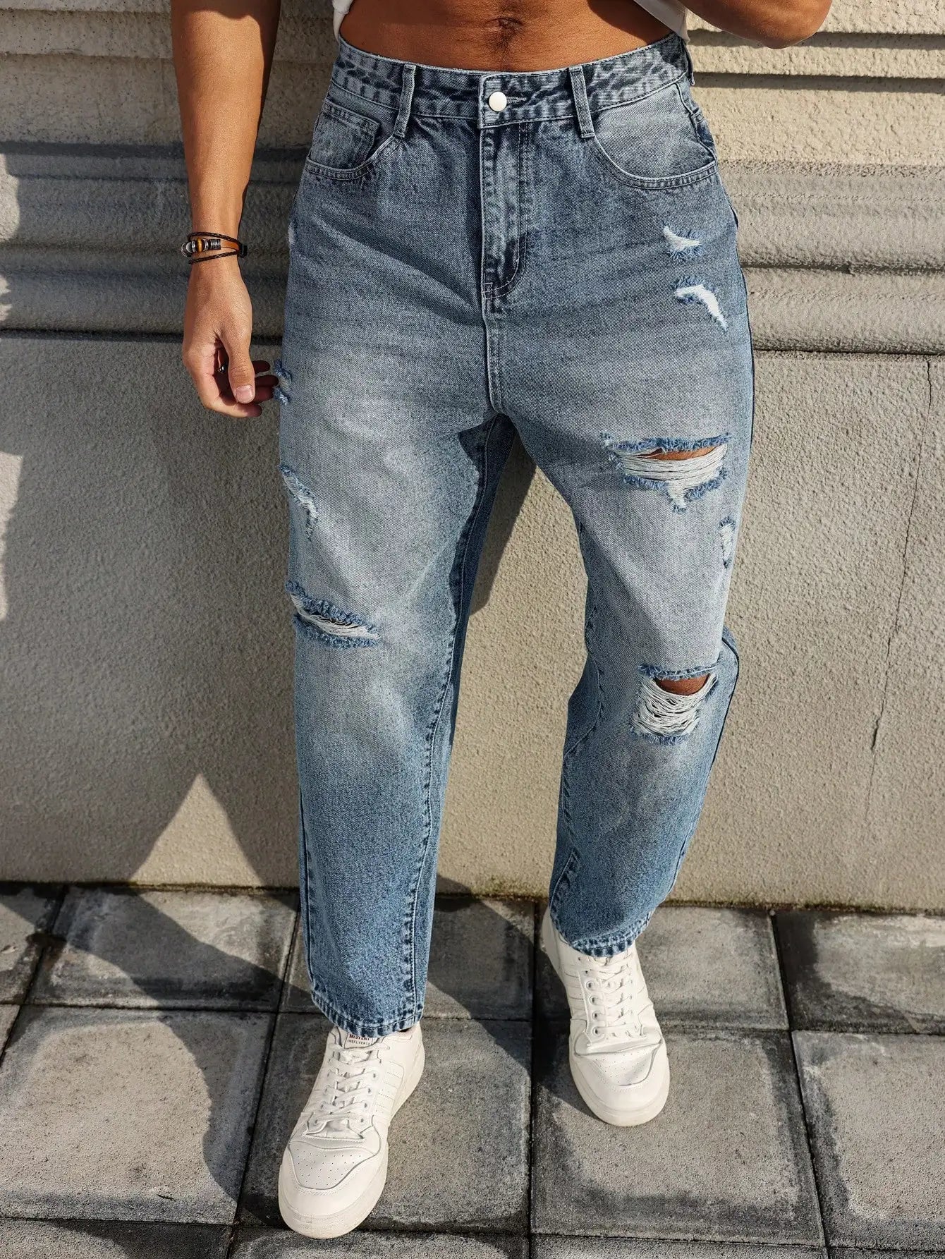 Men's blue ripped jeans, retro distressed beggar pants, street trend loose harem pants