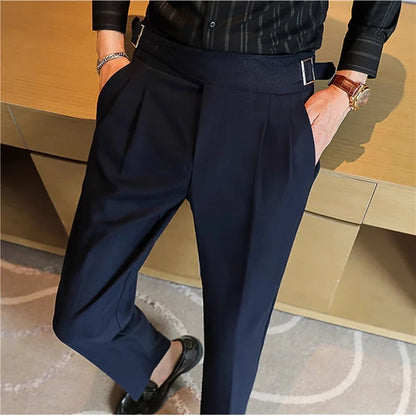 Luxury Men's Slim High-Rise Dress Pants - Heavyweight Subtle Stripe with 3D Pleats & Naples Tailoring