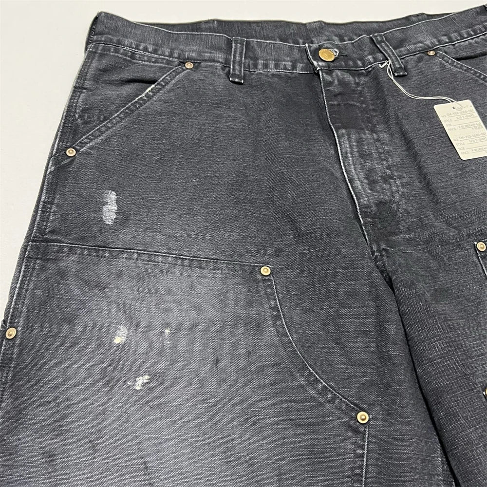 Black Nice Washed Damaged Saint DOUBLE KNEE Zipper Denim Shorts Men Women Oversized Shorts