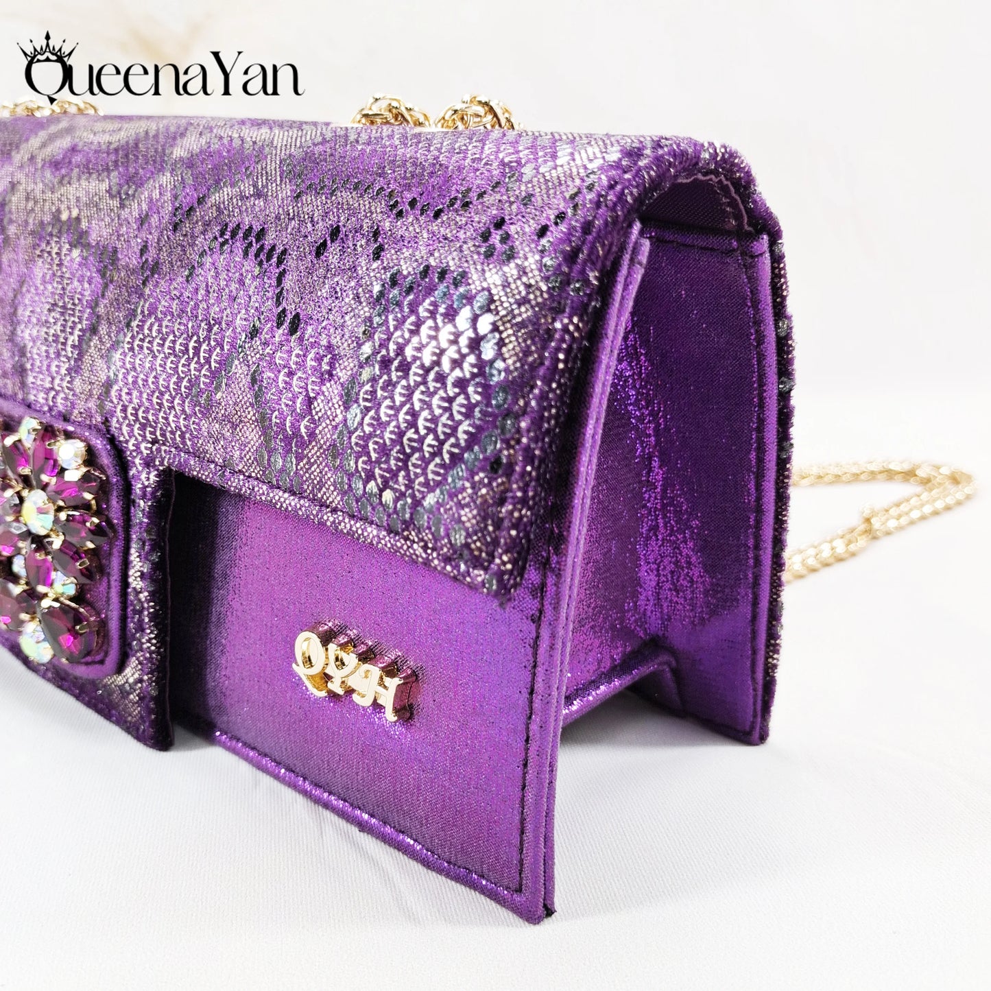Elegant Mature Purple Color Style Rhinestone and Print Design Pointed Toe High Heels and Bag Set for Party Wedding