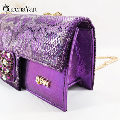 Elegant Mature Purple Color Style Rhinestone and Print Design Pointed Toe High Heels and Bag Set for Party Wedding