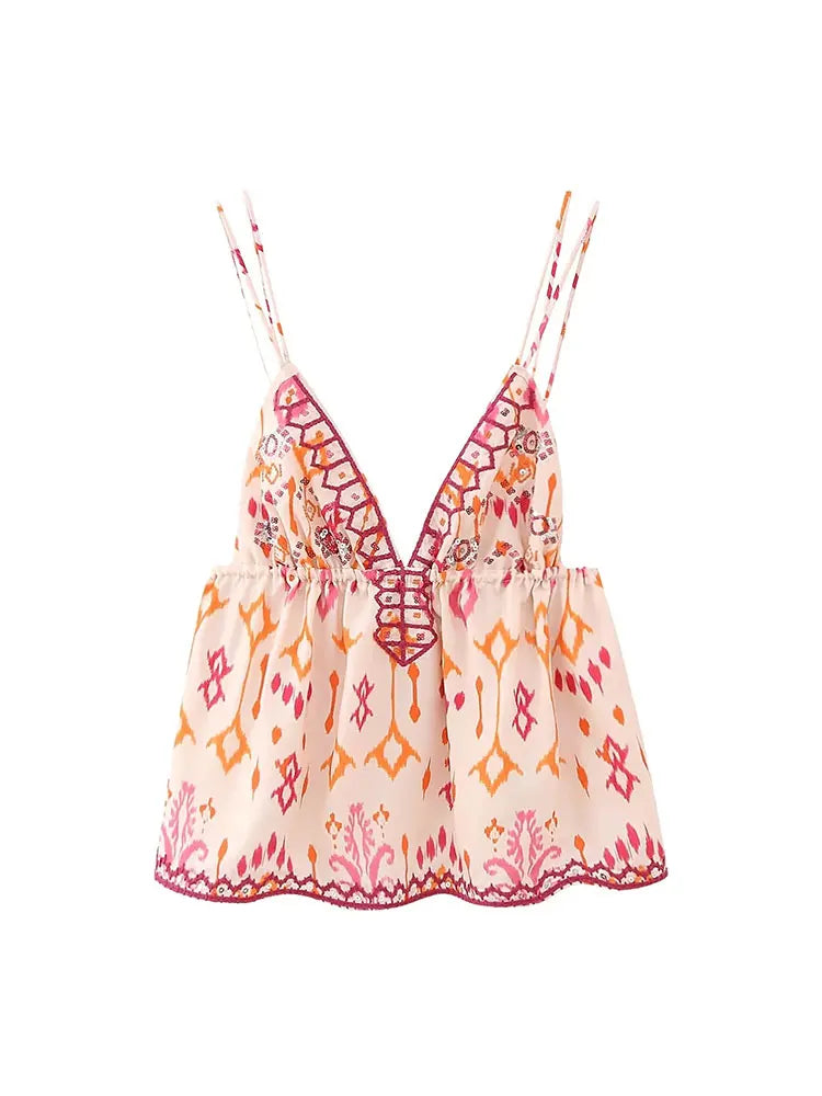 Autumn Printed Suspender Tank Tops for Women Casual Sleeveless V-Neck Cropped Blouse Vacation Chic Ladies Streetwear