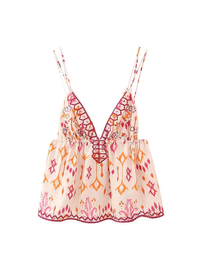 Autumn Printed Suspender Tank Tops for Women Casual Sleeveless V-Neck Cropped Blouse Vacation Chic Ladies Streetwear