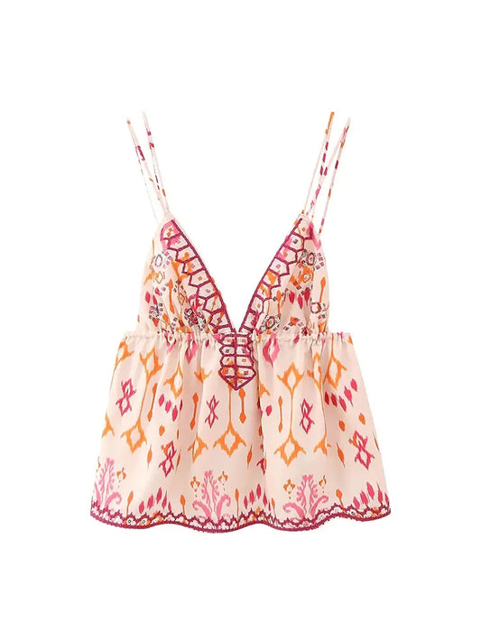 Autumn Printed Suspender Tank Tops for Women Casual Sleeveless V-Neck Cropped Blouse Vacation Chic Ladies Streetwear