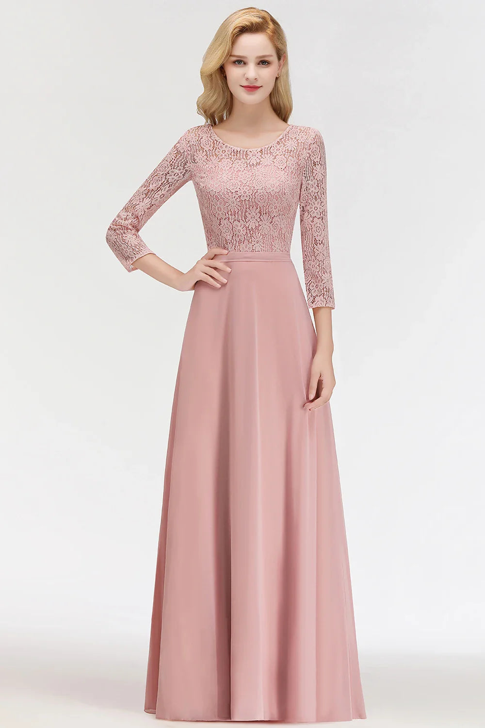 Women 3/4 Long Sleeve Evening Dresses Sexy Illusion Floral Lace O-Neck Sashes Prom Gown Chiffon A-Line Maxi Formal Party Vestido