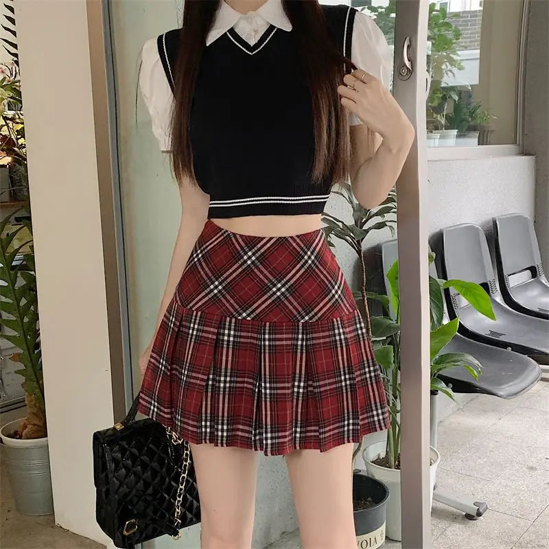 Summer 2024 Vintage Korean Style High Waist Patchwork A-line Mini Skirt Harajuku Preppy Fashion Plaid Pleated Skirt Red Women