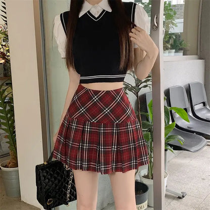 Summer 2024 Vintage Korean Style High Waist Patchwork A-line Mini Skirt Harajuku Preppy Fashion Plaid Pleated Skirt Red Women