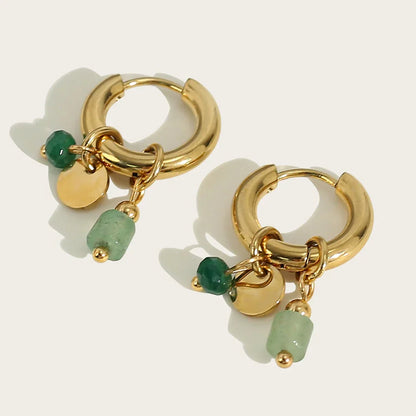18K Gold Plated Stainless Steel Hoop Earrings for Women Vintage Green Natural Stone Charms Trendy Waterproof Jewelry