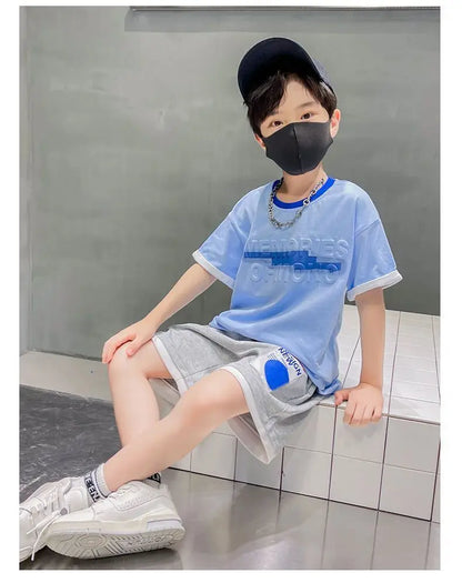 Teen Boys Tracksuit Clothes Sets 2026 Summer Children Gradient Letter Print Short Sleeve T-shirt+Shorts 2Pcs Kids Casual Outfits