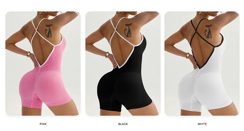Summer Seamless Yoga Jumpsuit Women Gym Set Spaghetti Strap Leisure Workout Gym Shorts Padded Bra One-piece Fitness Bodysuits