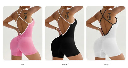 Summer Seamless Yoga Jumpsuit Women Gym Set Spaghetti Strap Leisure Workout Gym Shorts Padded Bra One-piece Fitness Bodysuits