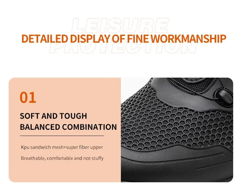 Men's Safety Work Boots Steel Toe Breathable Indestructible Puncture-Proof Rotary Buckle Shoes Comfortable Brand Work Footwear