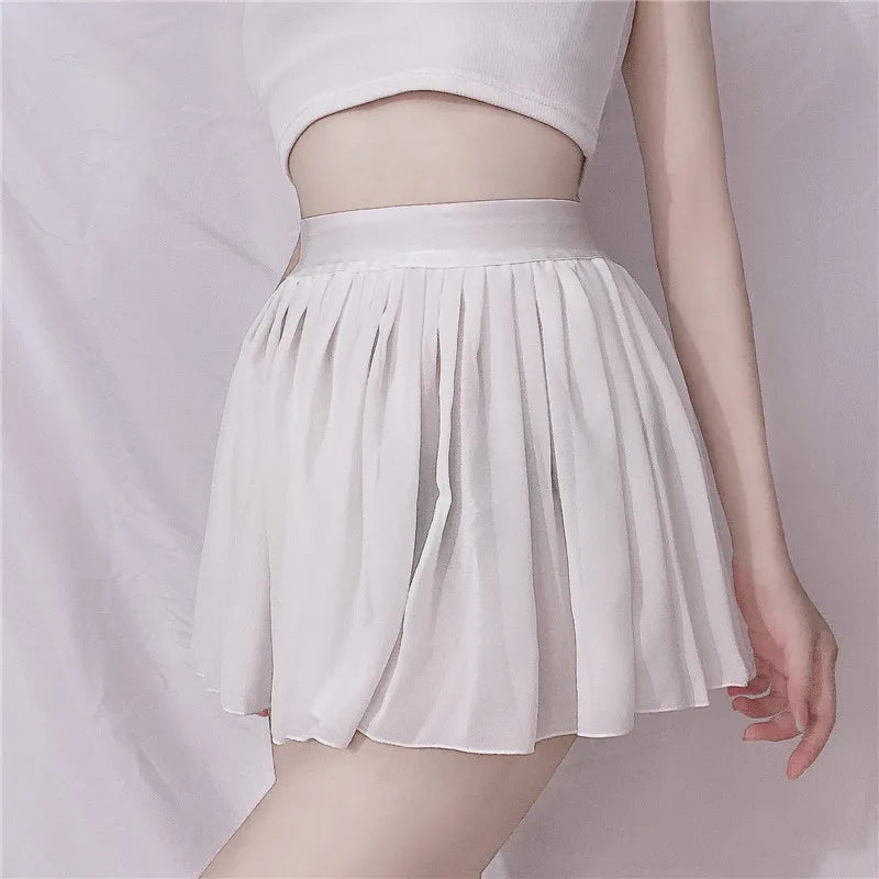 Elastic See Through A-Line Pleated Mini Solid Black Sheer Sexy High Waisted White Lace silk Short Skirts for Woman Spring Summer