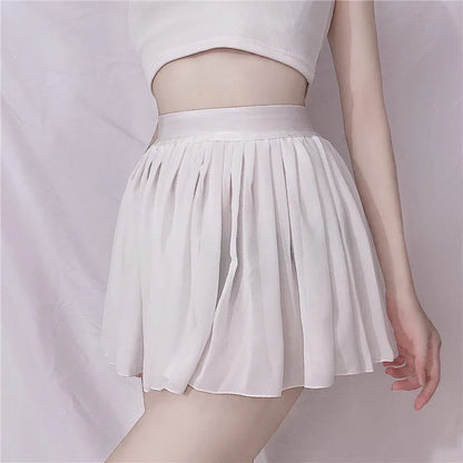 A-Line Pleated Mini Skirt Sheer Sexy Elastic High Waist Black White Solid Lace thin Short Skirts for Woman Spring Summer